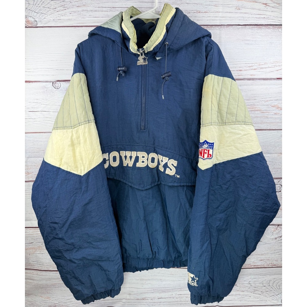 Vintage Starter Dallas Cowboys NFL Half Zip Puffer Jacket Blue Mens Large 90s